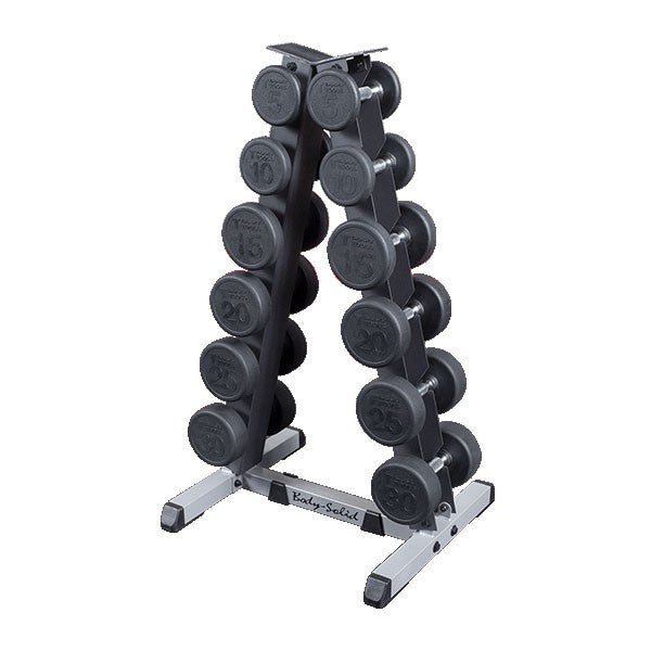 Body Solid 5-30 lb Rubber Hex Dumbbell Set with Rack - GymBasis Store
