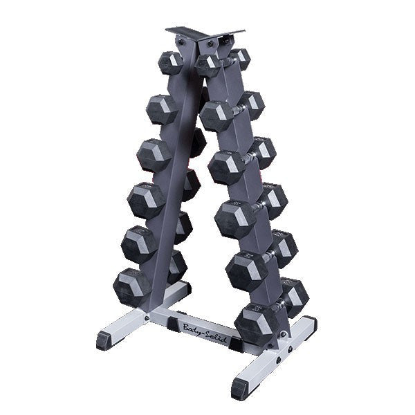 Body Solid 5-30 lb Rubber Hex Dumbbell Set with Rack - GymBasis Store