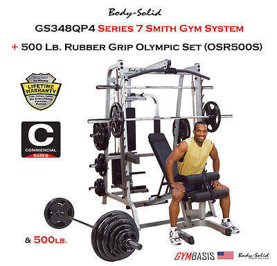 Body-Solid GS348QP4 Smith System + 500 lb Rubber Coated Weight Set - GymBasis Store