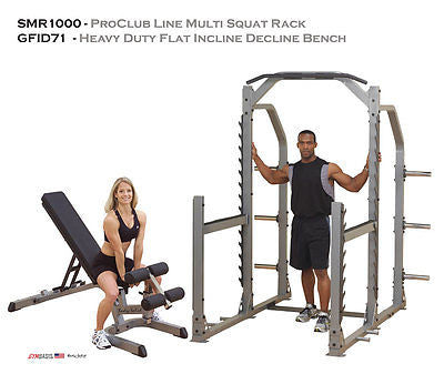 Combo pack Body-Solid SMR1000 Multi Squat Rack w/ GFID71 Heavy-Duty Bench - GymBasis Store