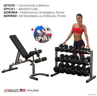 Body-Solid GFID31 Bench, GPCA1 Bicep Curl, Rubber Dumbbells 5-50lb, Rack GDR363 - GymBasis Store