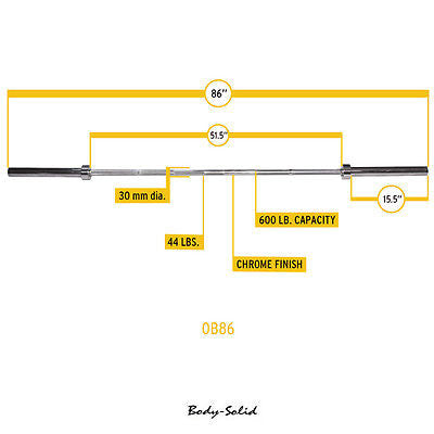 Olympic 7' Barbell weight chrome Bar 2", 44lbs - Body Solid OB86 (600 lbs. cap.) - GymBasis Store