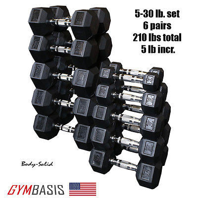Body-Solid 5-30 Lb Rubber Coated Hex Dumbbell Set, 6 pair, 210 lbs, 5 lb incr. - GymBasis Store