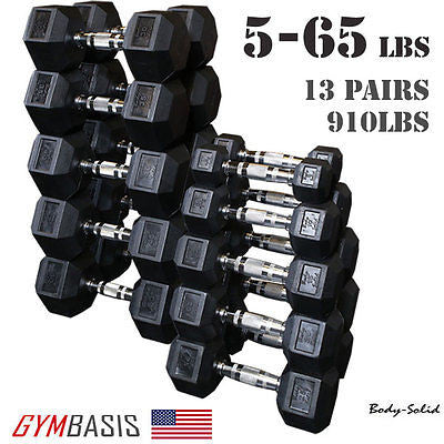 Body-Solid Set 5-65 lb. Rubber Coated Dumbbell 13 Pairs, total 910lbs. - GymBasis Store