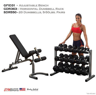 Body-Solid GFID31 Bench, Rubber Dumbbells 5-50lb 20pcs, Dumbbell Rack GDR363 - GymBasis Store