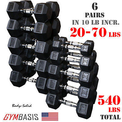 Body-Solid 20-70 Lb Rubber Coated Hex Dumbbell Set, 6 pair, 540 lbs, 10 lb incr. - GymBasis Store