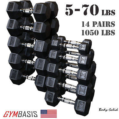 Body-Solid Set 5-70lb. Rubber Coated Dumbbell 14 Pairs, total 1050lbs. - GymBasis Store