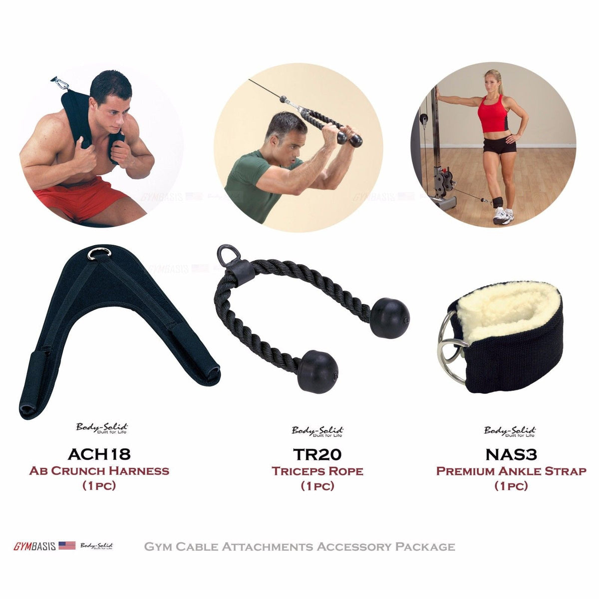 Body-Solid Cable Attachments Package ACH18 (ab), TR20 (triceps), NAS3 (ankle) - GymBasis Store