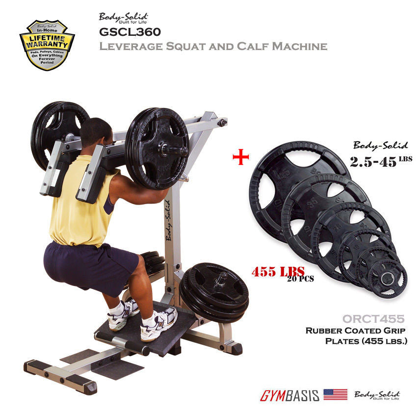 Body-Solid GSCL360 Leverage Squat and Calf Machine & 455 lbs Rubber Grip Plates - GymBasis Store