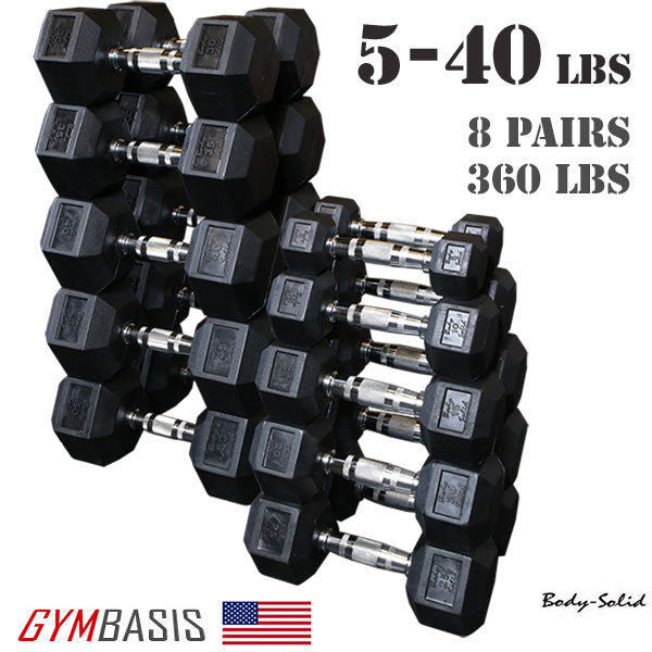 Body-Solid Set 5-40 lb. Rubber Coated Dumbbell 8 Pairs, total 360lbs. - GymBasis Store