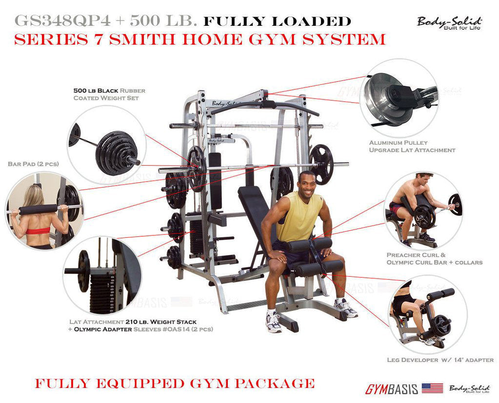 Body-Solid GS348QP4 Smith Gym System Fully Equipped + 500lb Weight Set - GymBasis Store