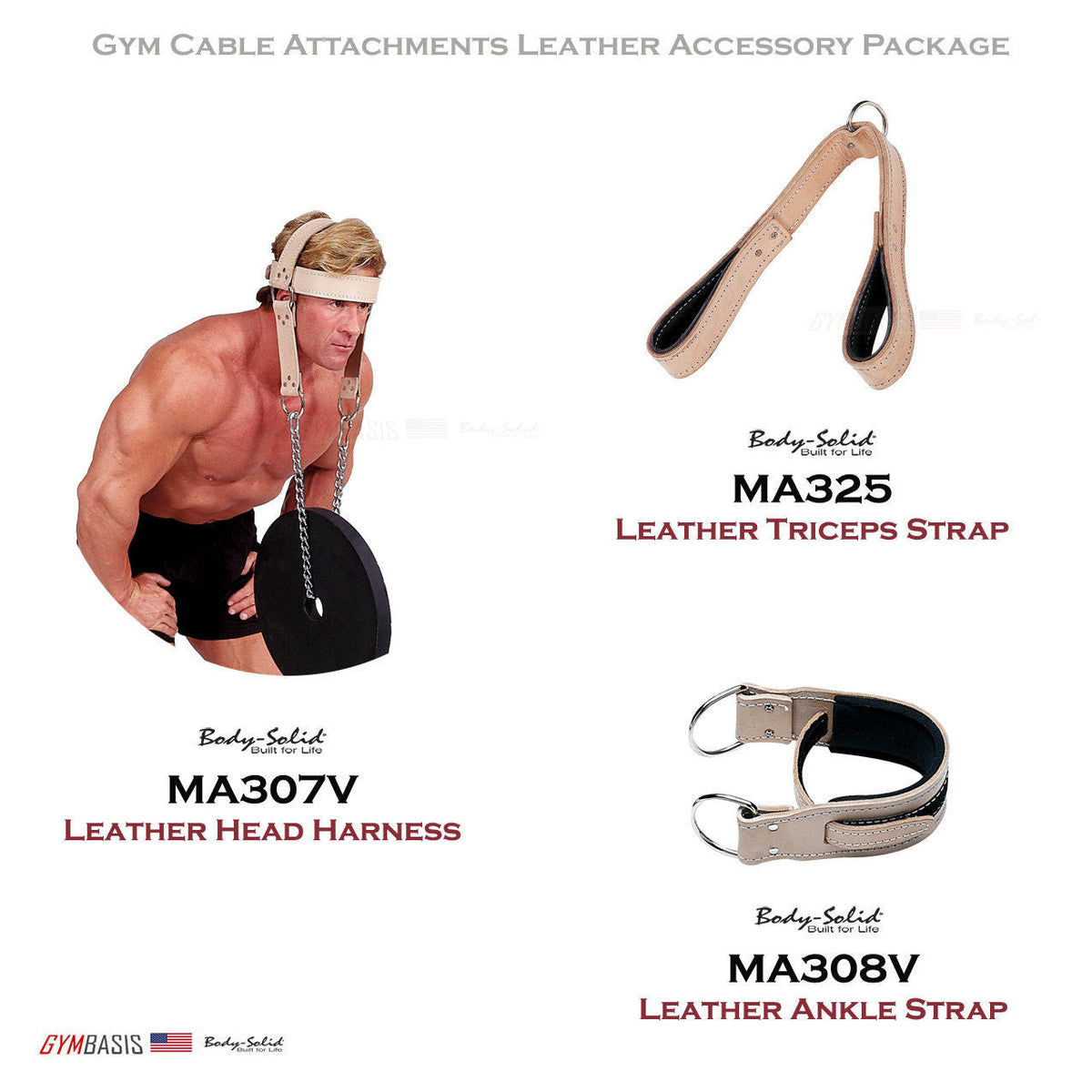 Body-Solid Leather Accessory Kit MA307V Harness MA325 Triceps MA308V Ankle Strap - GymBasis Store