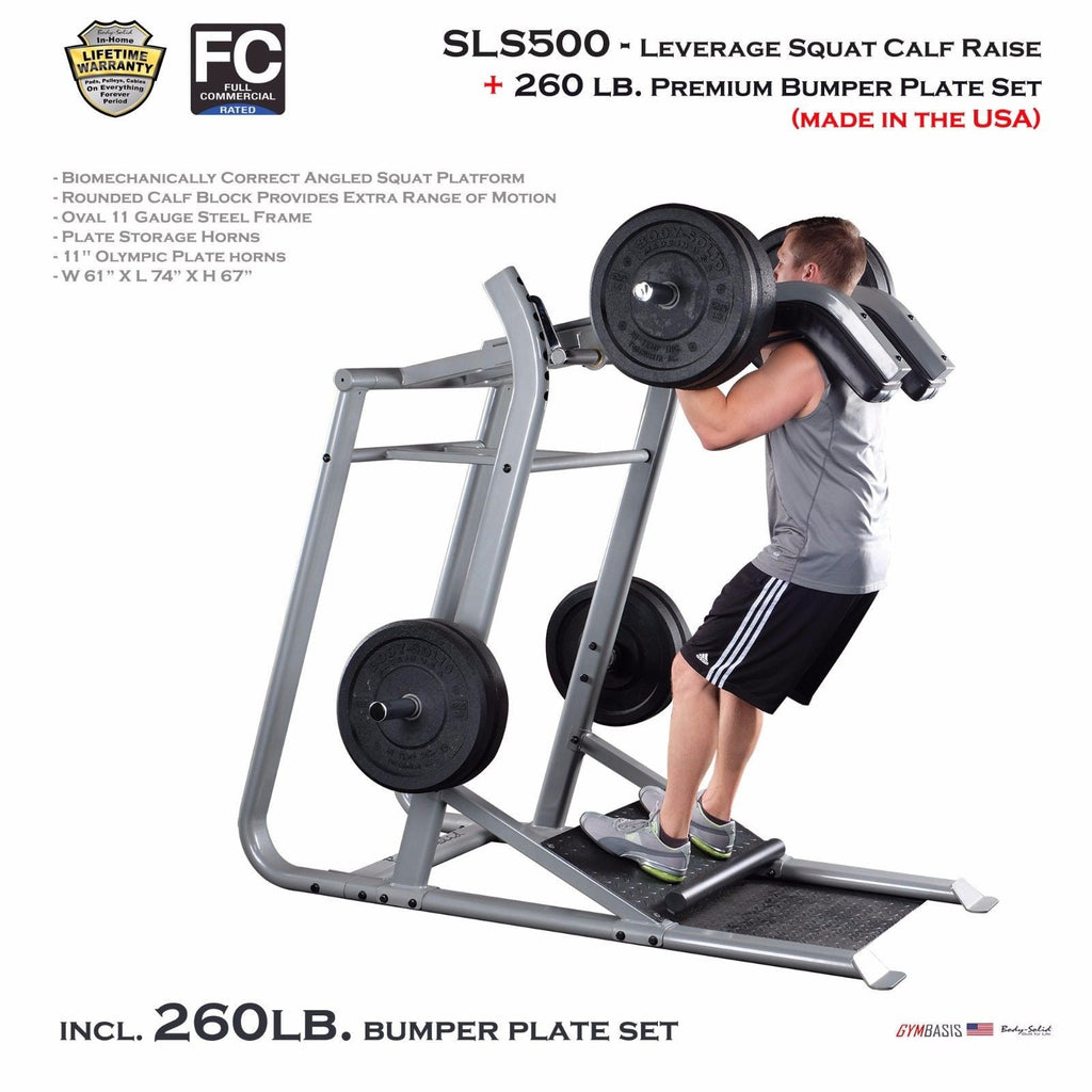 BODY-SOLID SLS500 Leverage Squat + 260lb full commercial bumper plates - GymBasis Store