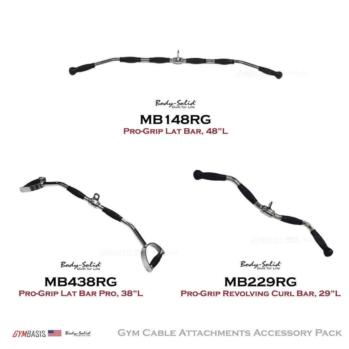 Body-Solid Pro-Grip Cable Bar Attachments Package MB148RG, MB438RG, MB229RG - GymBasis Store