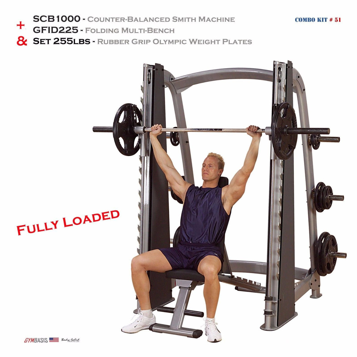 Body-Solid SCB1000 Smith Machine + GFID225 Bench + 255 lb. rubber weight set - GymBasis Store