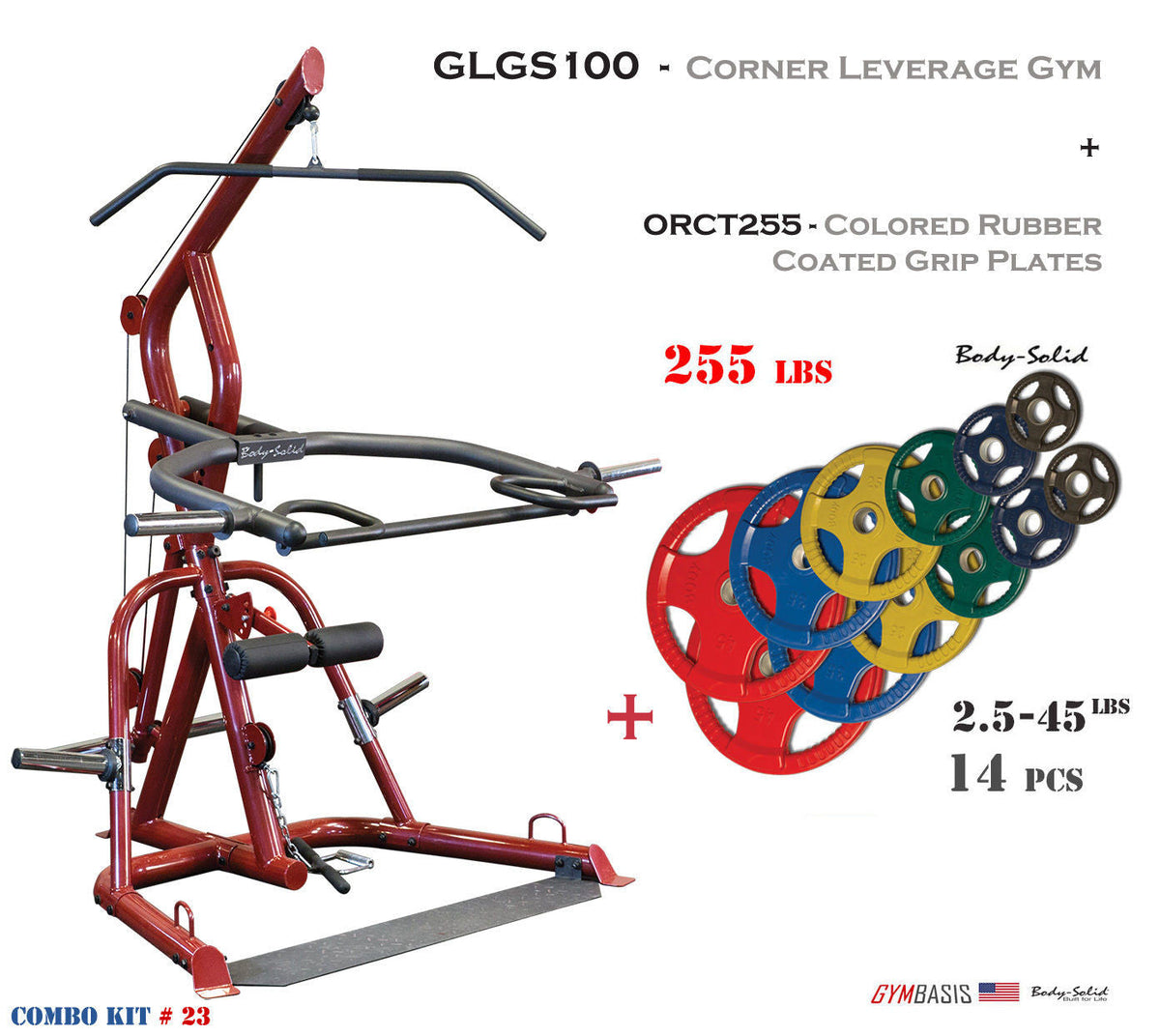 Body Solid GLGS100 Leverage Corner Gym & 255 lbs Colored Rubber Grip Plates - GymBasis Store