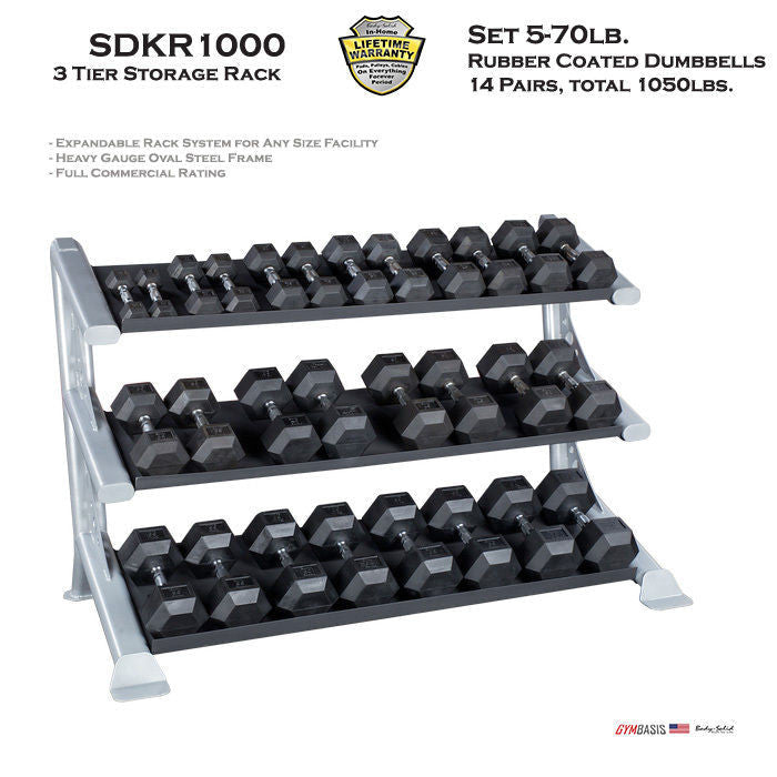Body-Solid Set 5-70lb. Rubber Dumbbell 14 Pairs -1050 lbs total & SDKR1000 Rack - GymBasis Store