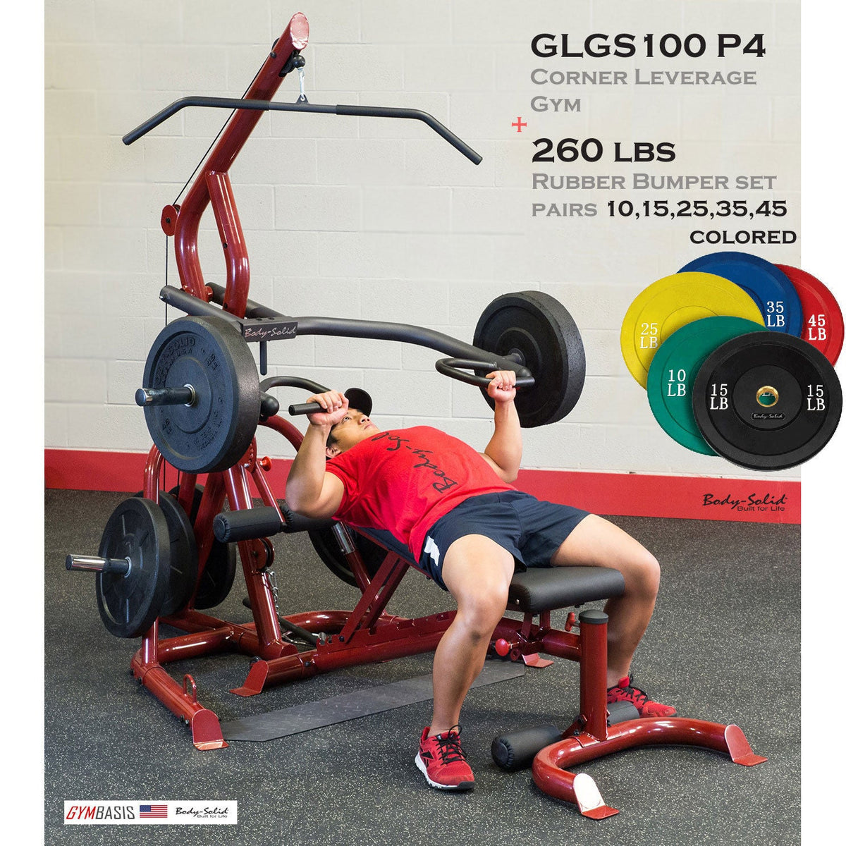 Body-Solid GLGS100P4 Corner Leverage Gym Pack + 260lb Colored Bumper Plates - GymBasis Store