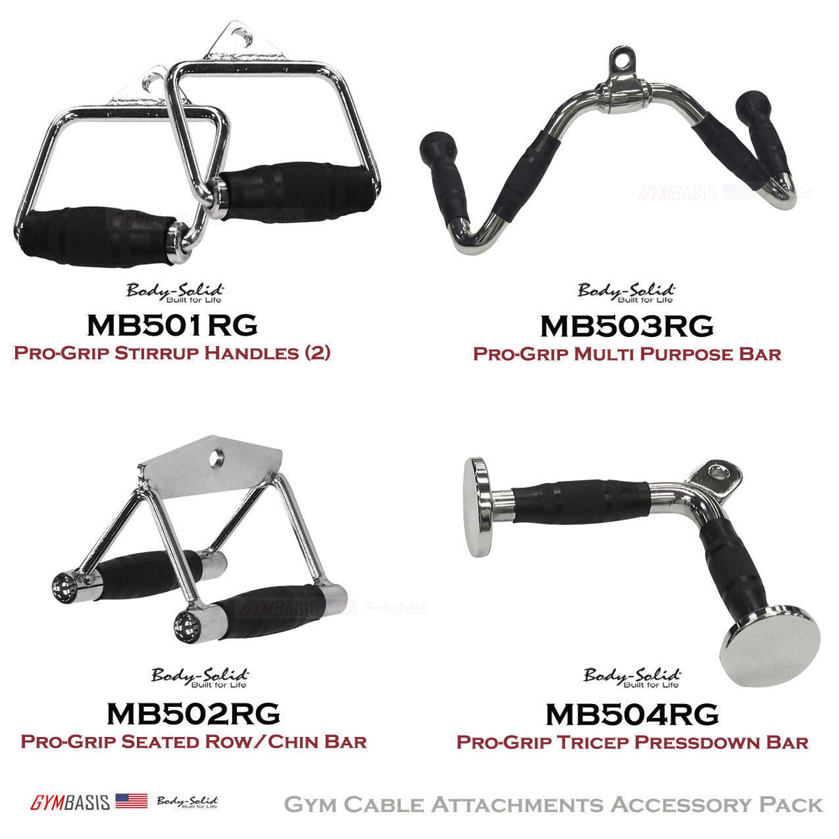 Body-Solid Pro-Grip Cable Attachments Pack MB501RG x2, MB502RG, MB503RG, MB504RG - GymBasis Store