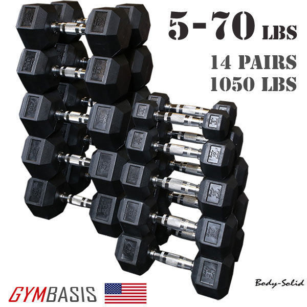Body-Solid Set 5-70lb. Rubber Dumbbell 14 Pairs -1050 lbs total & SDKR1000 Rack - GymBasis Store
