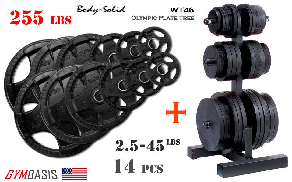 Body-Solid WT46 Plate Tree + ORST255 Black Rubber Grip Olympic Plates 255lbs. - GymBasis Store