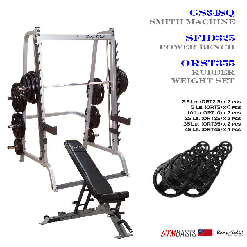 Body-Solid GS348Q Smith Machine w/ SFID325 Bench & 355 lb Rubber Olympic Set - GymBasis Store