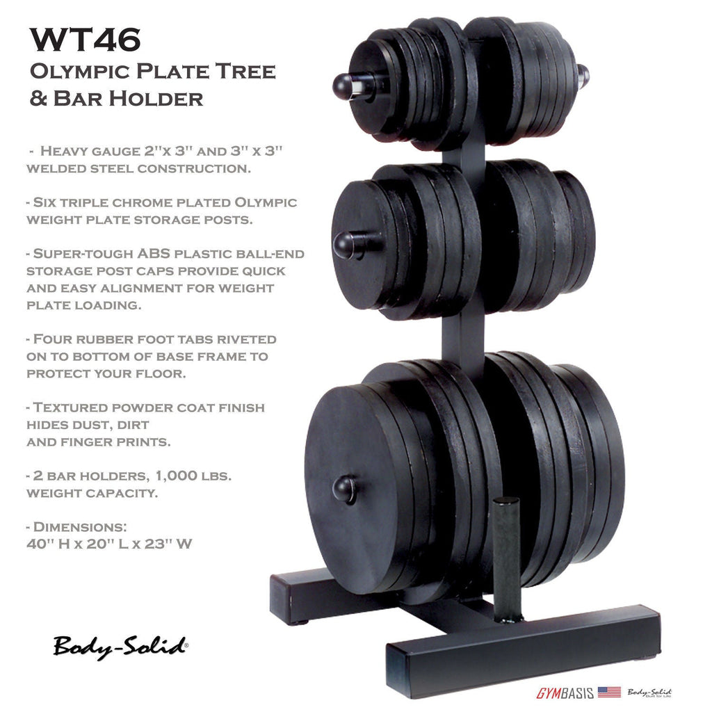 Body-Solid WT46 Plate Tree + ORST255 Black Rubber Grip Olympic Plates 255lbs. - GymBasis Store
