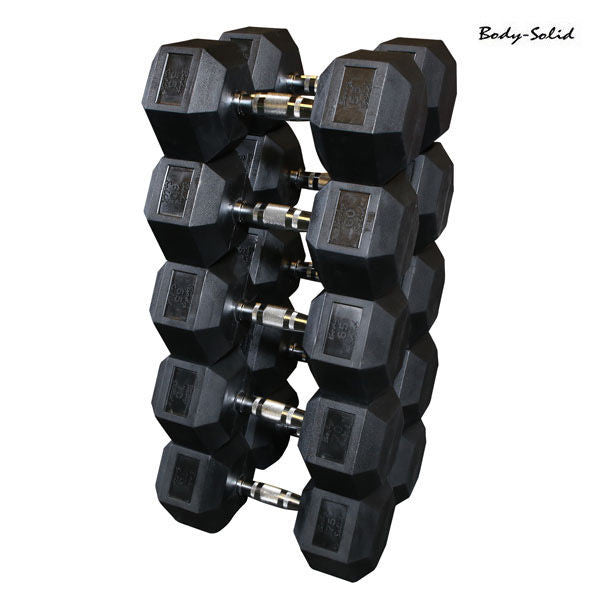 Body-Solid 30-80 Lb Rubber Coated Hex Dumbbell Set, 6 pair, 660 lbs, 10 lb incr - GymBasis Store