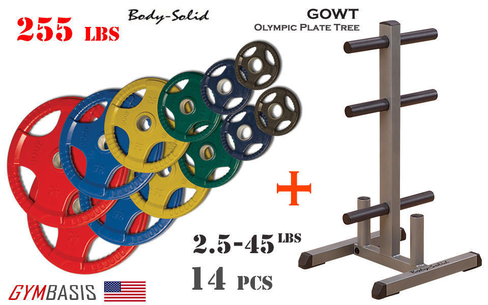Body-Solid GOWT Plate Tree + ORCT255 Colored Rubber Grip Olympic Plates 255lbs. - GymBasis Store