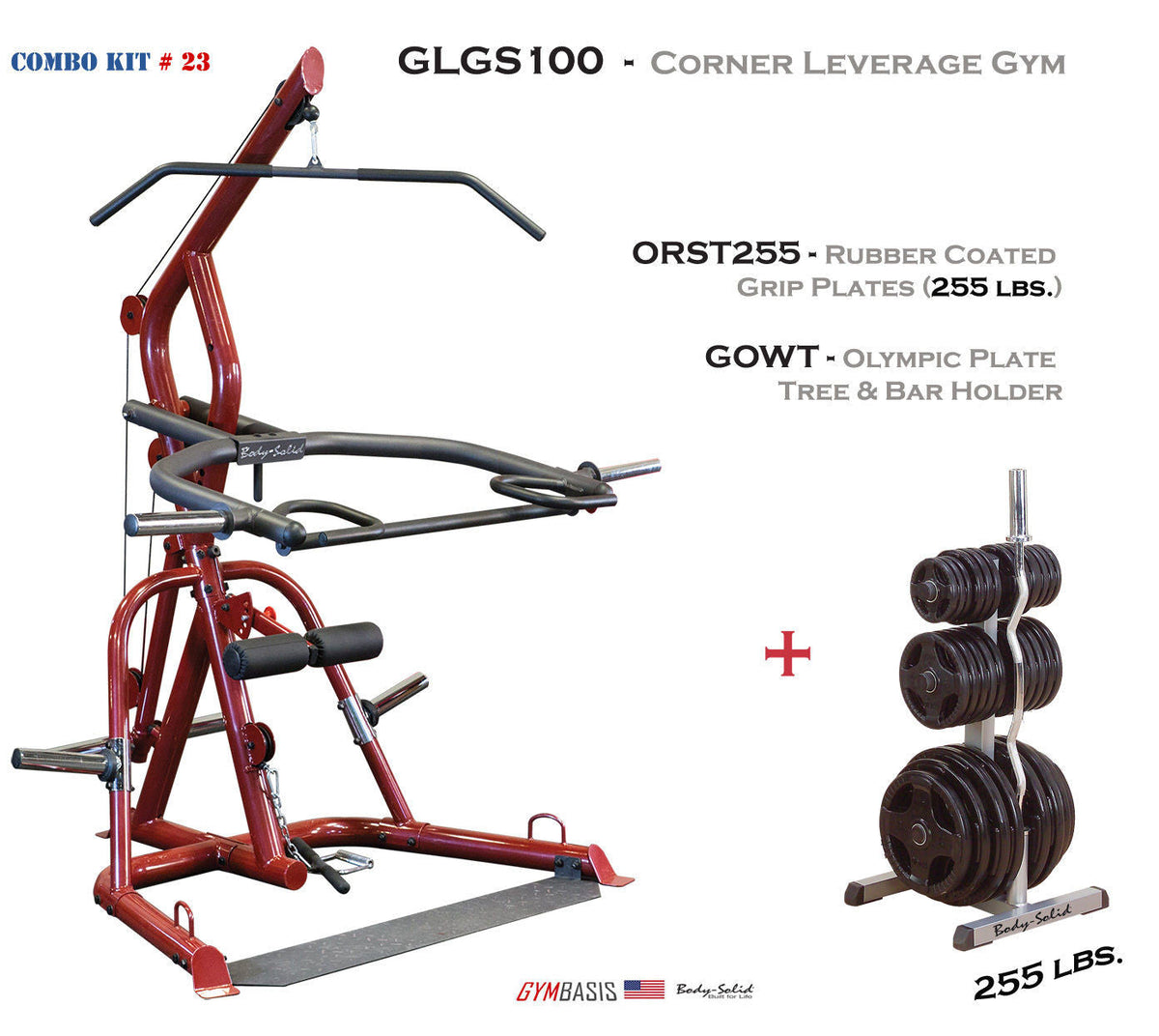 Body-Solid GLGS100 Leverage Corner Gym + 255 lbs Rubber Grip Plates + Plate Tree - GymBasis Store