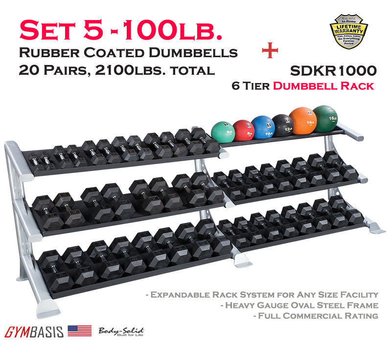 Body-Solid Set 5-70lb. Rubber Dumbbell 14 Pairs -1050 lbs total & SDKR1000 Rack - GymBasis Store