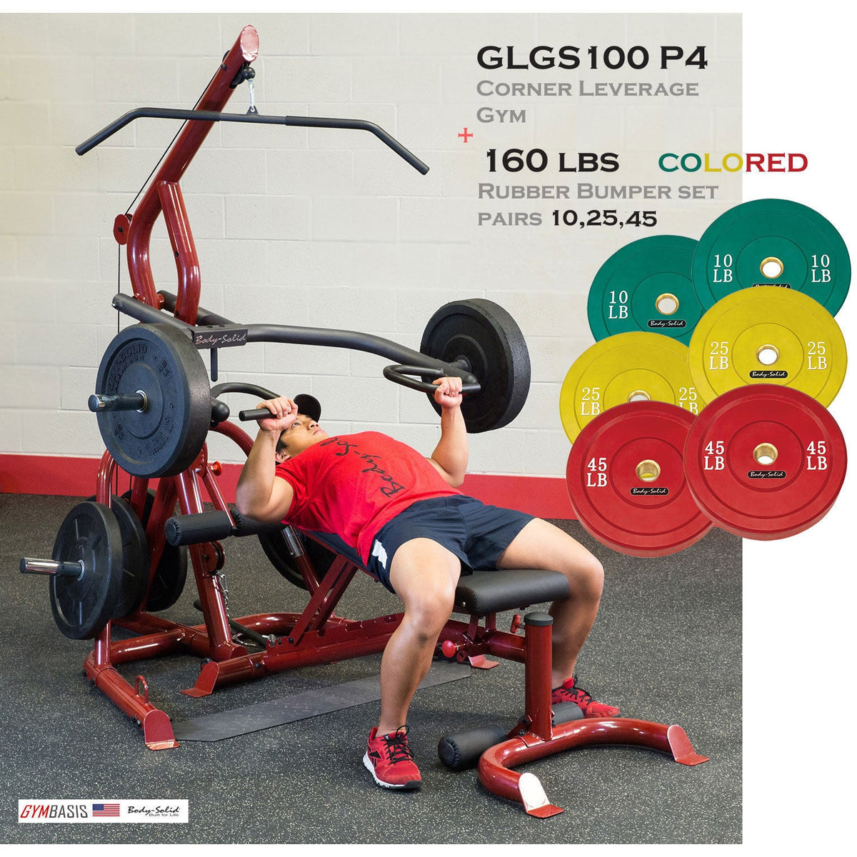 Body-Solid GLGS100P4 Corner Leverage Gym Pack & 160 lb Colored Bumper Plates - GymBasis Store