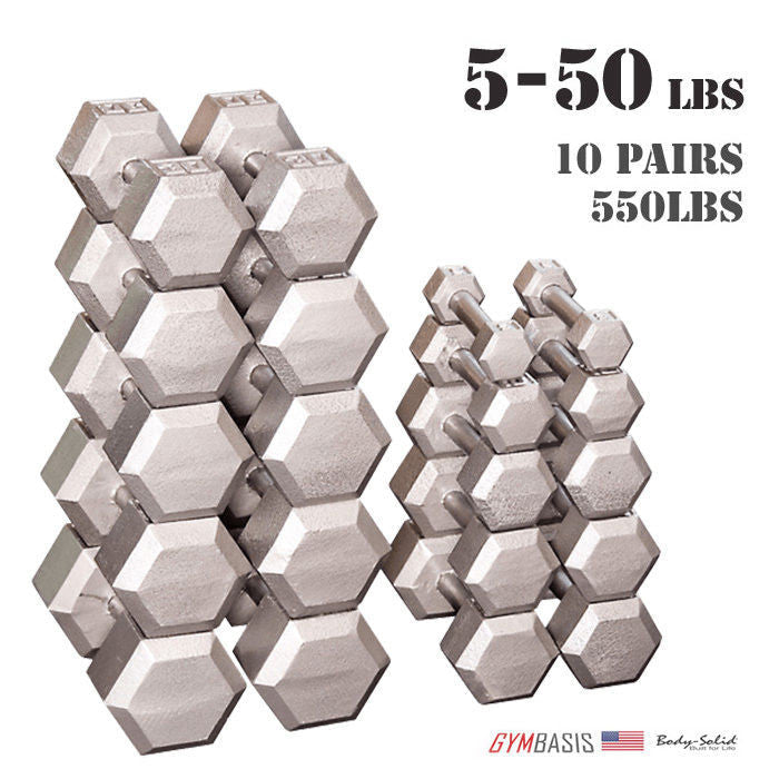 GDR363-PKG Body-Solid 5-50 Hex Dumbbell Set with Rack and Rubber Floor Mat - GymBasis Store
