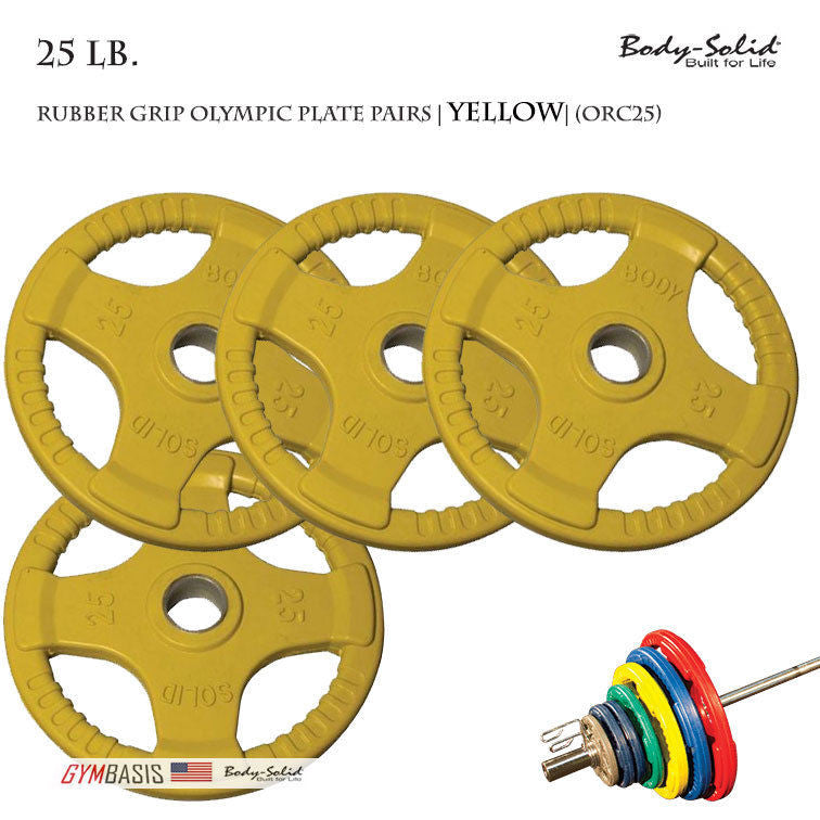 Body-Solid [ORC25] Colored Rubber Grip Olympic Plate Pairs 25 lb. - GymBasis Store