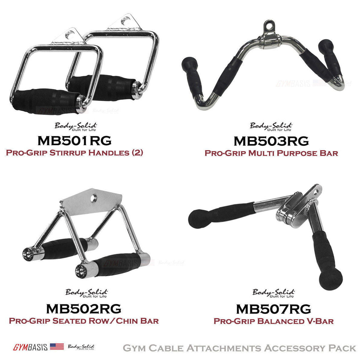 Body-Solid Pro-Grip Cable Attachments Pack MB501RG x2, MB502RG, MB503RG, MB507RG - GymBasis Store