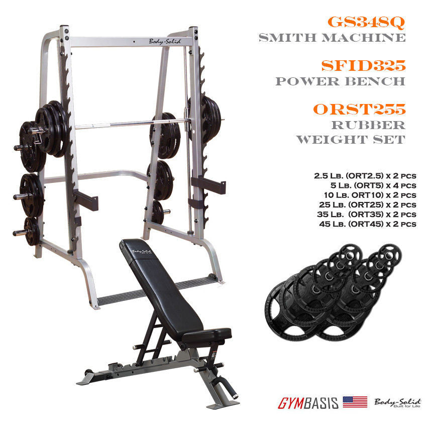 Body-Solid GS348Q Smith Machine w/ SFID325 Bench & 255 lb Rubber Olympic Set - GymBasis Store