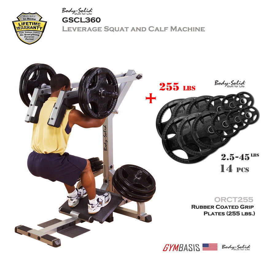 Body-Solid GSCL360 Leverage Squat and Calf Machine & 255 lbs Rubber Grip Plates - GymBasis Store