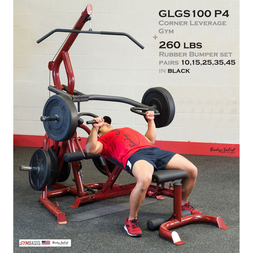 BodySolid GLGS100P4 Corner Leverage Gym + 260lb. Black Rubber Bumper Plates - GymBasis Store