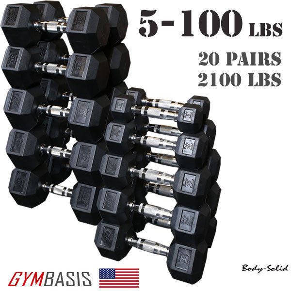 Body-Solid Set 5-70lb. Rubber Dumbbell 14 Pairs -1050 lbs total & SDKR1000 Rack - GymBasis Store