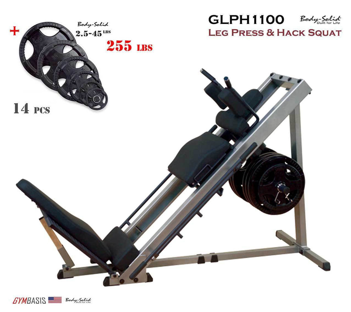 Body-Solid GLPH1100 Leg Press / Hack Squat + 255 lb. rubber grip plates - GymBasis Store