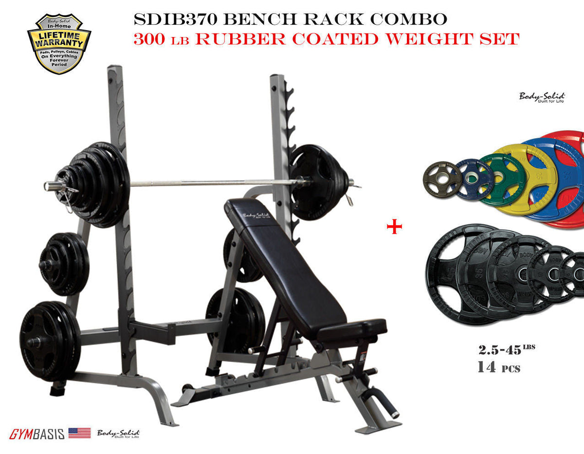 Body-Solid SDIB370 Olympic Bench Rack + 300 lb Rubber Coated Weight Set - GymBasis Store