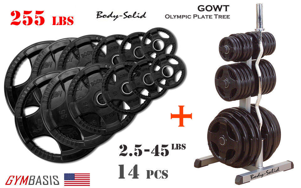 Body-Solid GOWT Plate Tree + ORST255 Black Rubber Grip Olympic Plates 255lbs. - GymBasis Store
