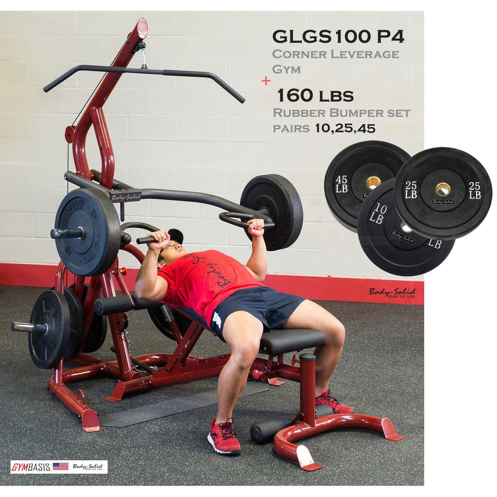 BodySolid GLGS100P4 Corner Leverage Gym & 160 lbs Black Rubber Bumper Plates - GymBasis Store