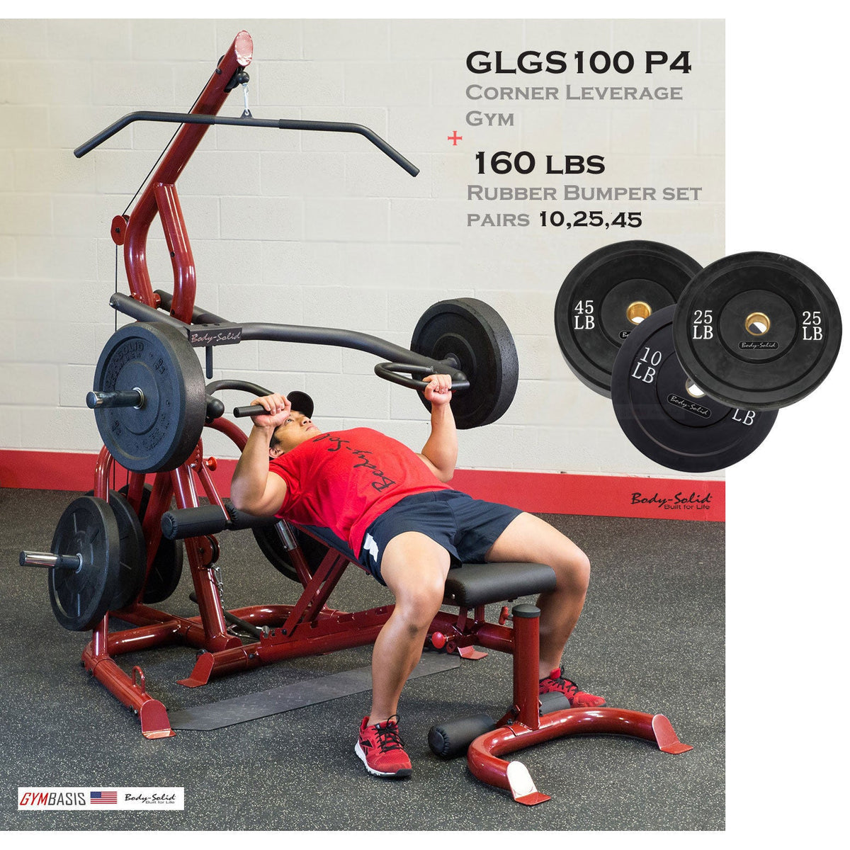 BodySolid GLGS100P4 Corner Leverage Gym & 160 lbs Black Rubber Bumper Plates - GymBasis Store