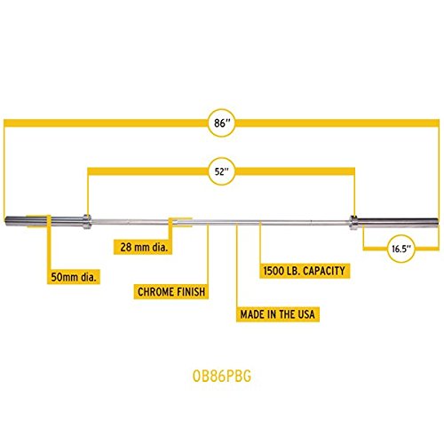 Body-Solid OB86PBG USA-Made Chrome 7' High Strength Olympic Weight Lifting Bar 20KG - GOLD Edition Power Bar - 1500 Pound Capacity - GymBasis Store