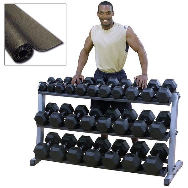 Heavy Duty 5-70 lbs Pairs Body-Solid Rubber Coated Dumbbell Set with Rack and Mat - GymBasis Store