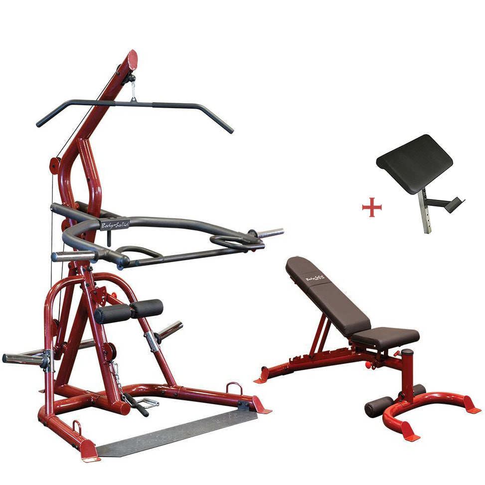 Body Solid GLGS100P4 Corner Leverage Gym Package with GPCA1 Preacher Curl Attachment - GymBasis Store